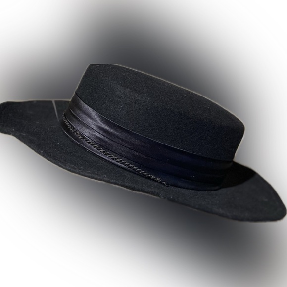 NWOT Unisex black wool fedora hat with black satin/cording, 3” brim, Size: M/L - Picture 2 of 6